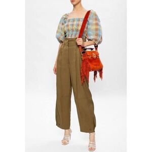 Ganni Multicolor Plaid Puff-Sleeve Square-Neck Blouse